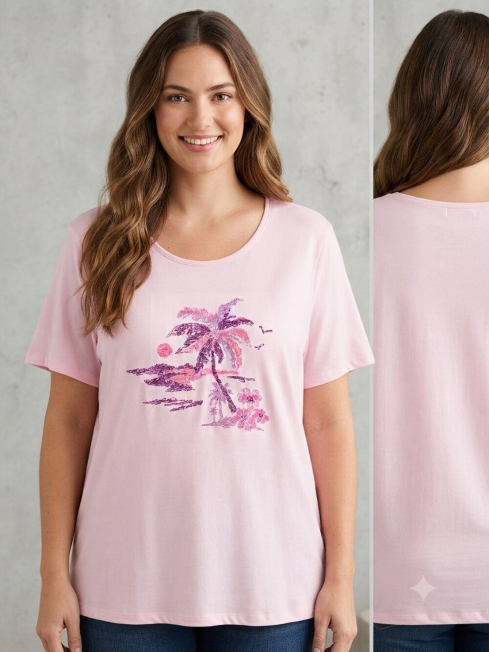 Coral Bay Woman Plus Size 2X Pink Tropical Palm Tree Embroidered Tee Short Sleev